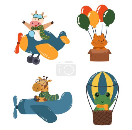 Illustration for Flying Animals Cow or Giraffe on Airplane, Kitten in Box and Frog on Air Balloon. Cute Characters Travel by Air, Pilot Profession, Kids Design of Cute Kawaii Animals. Cartoon Vector Illustration - Royalty Free Image