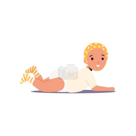 Ilustración de Little Baby Crawl en el suelo aislado sobre fondo blanco. Lindo niño alegre sonriente carácter desgaste pañal, sombrero y calcetines, etapas humanas del concepto de crecimiento. Dibujos animados Gente Vector Ilustración - Imagen libre de derechos