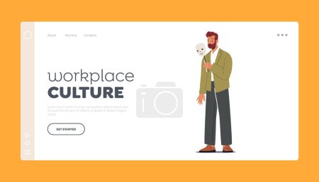 Illustration for Workplace Culture Landing Page Template. Unhappy Male Character with Happy Smiling Mask. Imposter Syndrome, Hypocrisy, Dishonesty, Liar, Fake Emotions Concept. Cartoon People Vector Illustration - Royalty Free Image