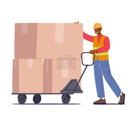 Arbeiter in Uniform fahren Hand Truck mit Stapel von Kartons. Cargo Transportation Storage und Warehouse Logistic Concept. Export und Import Waren, Inventar. Zeichentrickvektorillustration