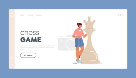 Illustration for Chess Game Landing Page Template. Woman Character Play Chess, Female Character Stand at Huge Queen or King Piece. Business Strategy Plan, Growth, Creative Thinking Concept. Cartoon Vector Illustration - Royalty Free Image