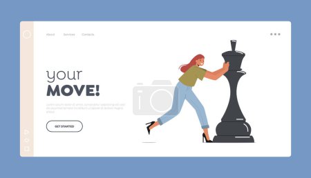 Illustration for Business Strategy Plan, Management Thinking Landing Page Template. Business Strategy Plan, Business Woman Character Team Play Chess. Strategic Game for Leadership Growth. Cartoon Vector Illustration - Royalty Free Image
