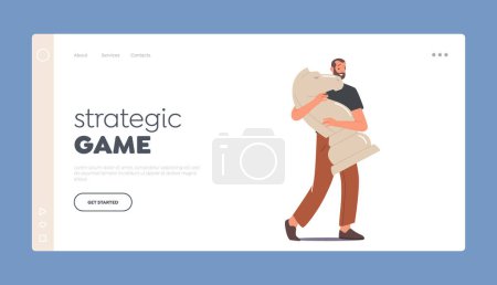 Illustration for Strategic Game, Planning and Thinking Landing Page Template. Business Strategy Plan, Businessman Playing Chess, Male Character Carry Huge Piece of White Horse. Cartoon Vector Illustration - Royalty Free Image