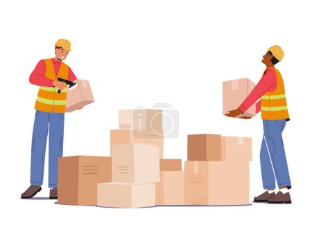 Illustration for Warehouse Workers Scanning Barcode on Cargo Boxes, Checking Freight Number with Scanner. Logistics and Transportation Goods Service, Parcel Shipment, Storehouse. Cartoon People Vector Illustration - Royalty Free Image