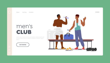 Illustration for Men Club Landing Page Template. Male Characters in Sports Locker Room. Young Men Change Clothes after Training or Workout in Gym, Sportsmen Chatting near the Bench. Cartoon People Vector Illustration - Royalty Free Image