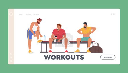 Illustration for Workout Landing Page Template. Young Men Sitting on Bench in Sports Locker Room. Sportsmen Male Characters Drink Water, Change Clothes before Training in Gym. Cartoon People Vector Illustration - Royalty Free Image