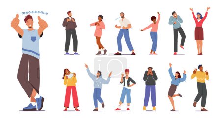 Set of People Feeling Positive Emotions, Giving High-five, Show Ok Gesture, Jumping with Raised Arms and Showing Thumb Up. Joyful Male and Female Characters in Good Mood. Cartoon Vector Illustration