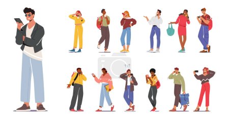 Set of Young Characters with Phones, Teens Smartphone Communication Concept. Youth Men and Women Holding Mobiles Chatting, Texting, Reading Newsfeed in Social Media. Cartoon People Vector Illustration