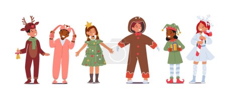 Kinder in Weihnachtskostümen, Mädchen und Jungen bei der Schul- oder Kindergartenmatinee. Elf, Schneeflocke, Hase, Tanne und Rentier mit Lebkuchenmännchen-Figuren. Zeichentrickvektorillustration