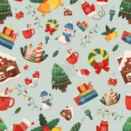 Illustration for Seamless Pattern with Christmas Fir Tree, Garland, Bells and Socks. Gingerbread House, Candles, Snowman and Mittens with Wreath, Gifts, Cocoa Cup Xmas Holiday Items. Cartoon Vector Tile Background - Royalty Free Image