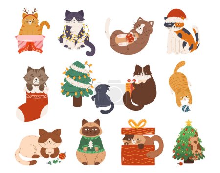 Set of Cute Christmas Cats. Funny Pets Feline Characters Sit in Gift Box or Sock, Wrap in Garland, Play with Bauble, Fight with Xmas Tree, Naughty Kitten Play and Fun. Cartoon Vector Illustration