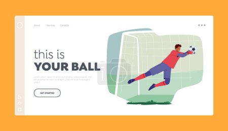 Illustration for Soccer Tournament Landing Page Template. Goalkeeper Wear Football Team Uniform Jump and Catch Ball in Air. Athlete Player Male Character in Motion on Stadium. Cartoon People Vector Illustration - Royalty Free Image
