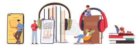 Illustration for Tiny Sitting Characters Listen Online Books at Huge Pile , Smartphone and Headphones. Online Reading, Virtual Library, Education Concept with People Learning E-books. Cartoon Vector Illustration - Royalty Free Image