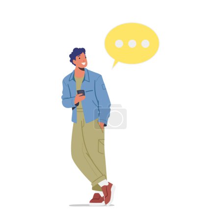 Man with Mobile Phone and Speech Bubble. Cellphone Communication Concept. Smiling Male Character Speak by Cellphone. Teenager with Gadget, Student Chatting by Smartphone. Cartoon Vector Illustration