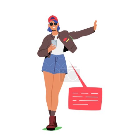 Trendy Student Girl Character Texting Sms or Call on Mobile Phone. Young Woman Chatting and Messaging in Social Network, Send Messages to Friends Use Cellular Technology. Cartoon Vector Illustration