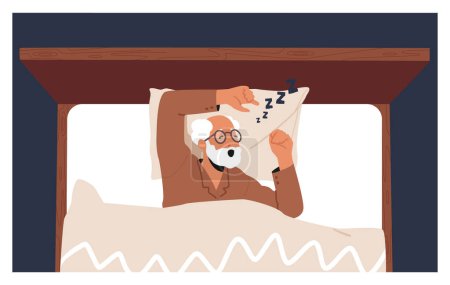 Illustration for Old Man Snore Lying in Bad Top View. Senior Male Character Sleep Apnea and Respiratory Disease, Grandfather Loud Noise at Sleeping Time. Cartoon People Vector Illustration - Royalty Free Image