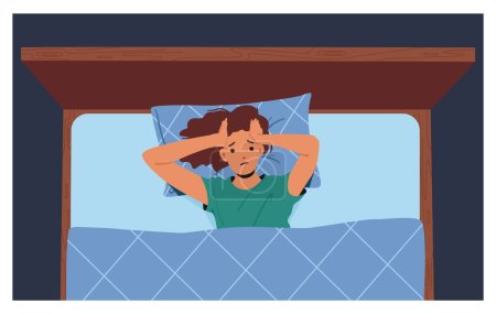 Illustration for Unhappy Sleepless Female Character Suffer of Insomnia due to Snore, Loud Noise in Room or Annoying Thoughts in Mind. Woman Lying in Bed Holding Head with Hands. Cartoon People Vector Illustration - Royalty Free Image
