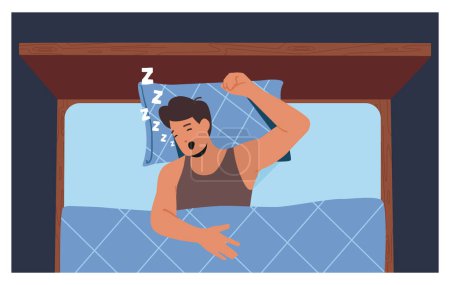 Illustration for Snoring Young Man Lying In Bed Top View, Male Character Loudly Snore With Open Mouth While Deep Sleep. Person Catching Some Zzzs, Sleep Apnea, Snoring, Fast Asleep Concept. Vector Illustration - Royalty Free Image