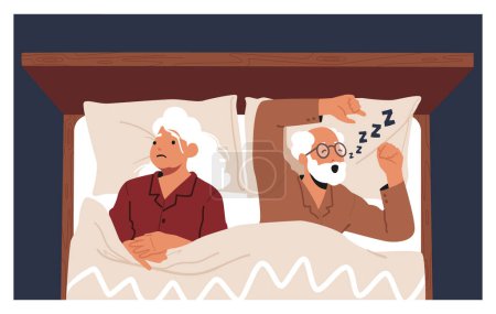 Illustration for Senior Woman Suffering of Husband Snoring. Old Male Character Snore at Night Sleep. Breathing Apnea Disease, Noise Pollution, Asleep Unhappy Lady in Bed. Cartoon People Vector Illustration - Royalty Free Image