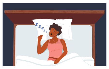 Ilustración de Apnea del sueño, ronquidos, concepto de sueño rápido. Mujer joven acostada en la cama ronca fuerte con la boca abierta mientras duerme profundamente. Persona femenina Atrapando algunos Zzzs durante la hora de acostarse por la noche. Ilustración vectorial - Imagen libre de derechos