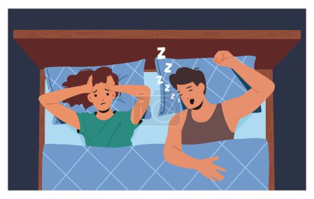 Illustration for Couple Lying in Bed, Female Character Suffer of Husband Snoring Having Headache. Snore Disease, Breathing Health Disorder, Annoyance Concept with Man and Woman. Cartoon People Vector Illustration - Royalty Free Image