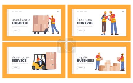 Illustration for Industrial Warehouse Logistics and Merchandising Landing Page Template Set. Worker Characters Loading and Stacking Boxes with Forklift Truck. Cargo Storage and Shipping. Cartoon Vector Illustration - Royalty Free Image