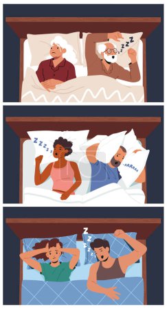 Illustration for Set Snore Concept. Characters Sleeping in Bed and Suffering of Snoring, Awake People Listening Night Snoring of Wife or Husband, Sleep Apnea Syndrome, Medical Problem. Cartoon Vector Illustration - Royalty Free Image