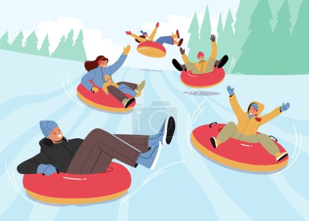 Illustration for People Sliding Down Slope by Snow Tube at Winter Holiday. Men and Women Riding Downhill On Inflatable Donut Sleigh. Active Characters On Snowy Hills Outdoor Wintertime Fun. Cartoon Vector Illustration - Royalty Free Image