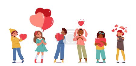 Illustration for Little Children Holding Hearts and Balloons in Hands. Concept of Love, Self Love, Party Celebration, Donation. Boy or Girl Characters Isolated on White Background. Cartoon People Vector Illustration - Royalty Free Image
