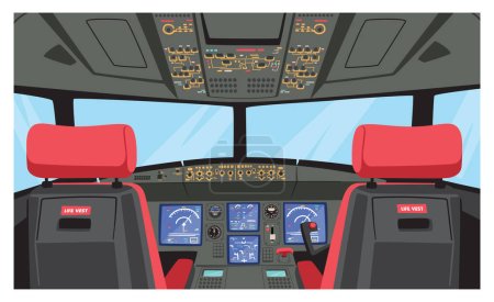 Pilot Cockpit, Captain Airplane Cabin with Dashboard, Chairs and Window. Modern Passenger Plane Interior, Jet Transport for Air Transportation, Civil Aviation Travel. Cartoon Vector Illustration