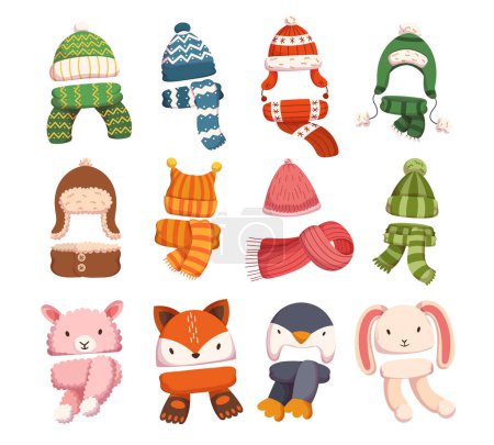 Set of Children Hats for Autumn and Winter Seasons, Knitted and Textile Caps for Girls or Boys Isolated on White Background. Kids Headwear Design Elements for Cold Weather. Cartoon Vector Illustration
