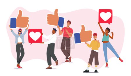 Illustration for Characters Holding Like Notifications. Male And Female Followers Gives Like in Networks. People With Hearts and Big Thumbs Up Social Media Community Communication. Cartoon People Vector Illustration - Royalty Free Image