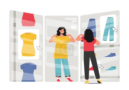 Illustration for New Fashion Technologies, Internet Store, Online Shopping Concept. Woman Trying On Clothes In Virtual Fitting Room. Female Character Use App On Mobile Phone. Cartoon People Vector Illustration - Royalty Free Image
