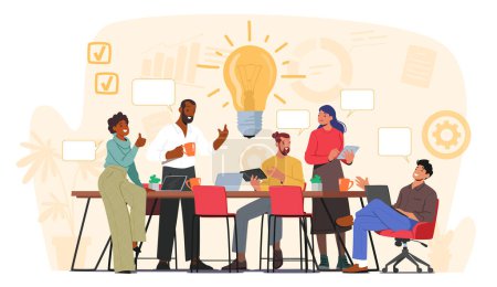 Illustration for Brainstorming Team Concept. Business People Discussing Idea on Board Meeting in Office. Teamwork Project Development Process. Employees Work on Laptops and Communicate. Cartoon Vector Illustration - Royalty Free Image