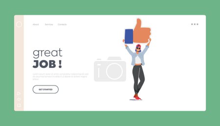 Great Job Landing Page Template. Stylish Girl Holding Huge Thumb Up Like Icon. Female Follower Character Gives Like In Network. Social Media Community Communication. Cartoon People Vector Illustration