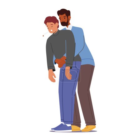 Illustration for Man Stand Behind Conscious Victim Male Character With Hands In The Proper Position On Victim Abdomen To Perform Heimlich Maneuver Isolated On White Background. Cartoon People Vector Illustration - Royalty Free Image