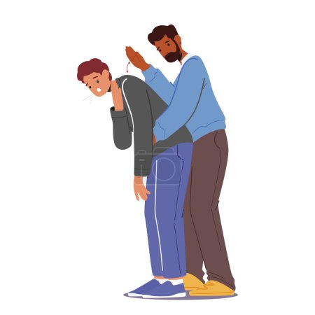 Illustration for Male Character Doing Heimlich Maneuver To Young Man With Suffocation Due To Obstruction Of Airway With Food Isolated on White Background. Cartoon People Vector Illustration - Royalty Free Image