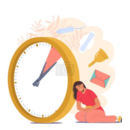 Illustration for Cramps during Menstruation Period. Lady Periodical Abdomen Pain Dates, Girls Menstrual Time, Premenstrual Syndrome, Pms, Women Menstruating Health Cycle, Emotional Agenda. Cartoon Vector Illustration - Royalty Free Image