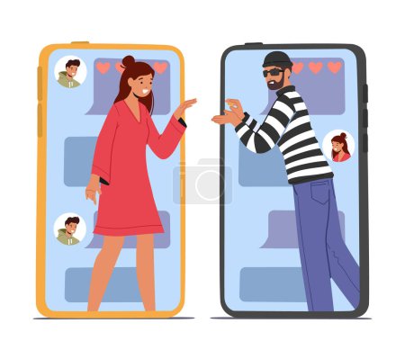 Illustration for Female Character In Danger Internet Relationships. Fall In Love Online, Dangerous Acquaintance Concept. Man Fraud Trying To Cheat Loving Woman on Dating Site. Cartoon People Vector Illustration - Royalty Free Image