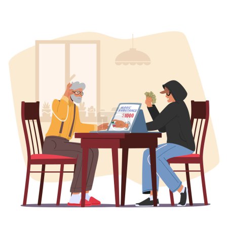 Illustration for Dangerous Acquaintance Online Concept with Senior Male Character Buying Magic Substance in Internet under Fraud Pressure. Old People Safety in Cyberspace Concept. Cartoon Vector Illustration - Royalty Free Image