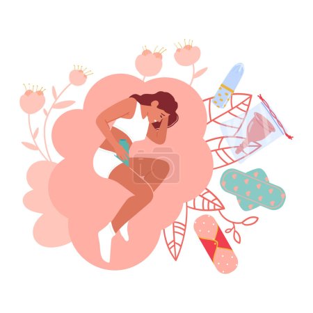 Mädchen in Unterwäsche liegen mit wärmeren Schmerzen während der Menstruation. Weibliche Charaktermenstruation, Pms, prämenstruelles Syndrom-Konzept auf weißem Hintergrund Cartoon People Vector Illustration