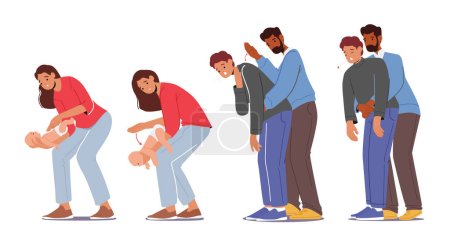 Photo for Set First Aid Food Choking. Male and Female Characters Choke-bore. Mother Trying to Help Newborn Baby Spit Out a Thing from Throat, Man Help to Person by Heimlich. Cartoon People Vector Illustration - Royalty Free Image