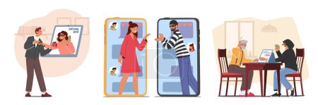 Set Dangerous Acquaintance Online. Male and Female Characters Dating with Cheaters in Internet. Scammers Cheat People in Internet Defraud their Money. Cartoon People Vector Illustration