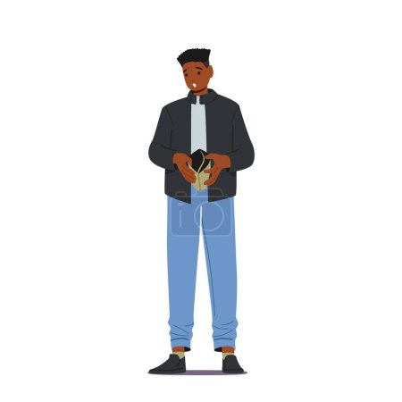 Illustration for No Money, Poverty, Poorness, Misery Concept. Black Male Character Showing Empty Wallet, Man Looking Frustrated About Loan And Debt. Jobless Man Need Money. Cartoon People Vector Illustration - Royalty Free Image