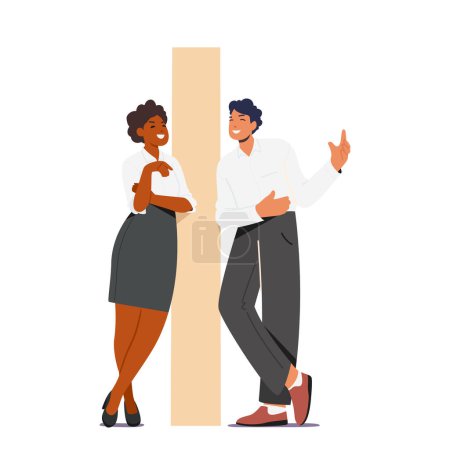 Illustration for Workplace Bullying, Gossips, Communication. Business Man and Woman Discuss Colleague At Workplace In Office. Evil Business Characters Gossiping At Workplace. Cartoon Vector Illustration - Royalty Free Image