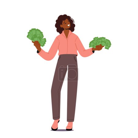 Wealth and Prosperity Concept. Rich Millionaire Female Character Holding Dollars Fans. Black Happy Business Woman, Investor or Lottery Winner with Money. Cartoon Vector Illustration