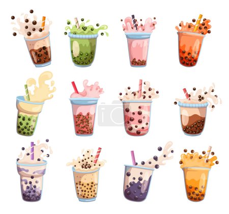 Set Of Bubble Tea Isolated On White Background. Tapioca Pearl Milk Tea, Boba Or Coffee Yummy Beverages In Glass Or Plastic Cup With Straw, Drinks Graphic Design Collection. Cartoon Vector Illustration