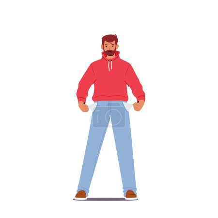 Illustration for Bankrupt Male Character. Frustrated Worried Man With Beard In Casual Clothes Turning Out Empty Pockets Showing I Have No Money Gesture. Poorness Concept. Cartoon People Vector Illustration - Royalty Free Image