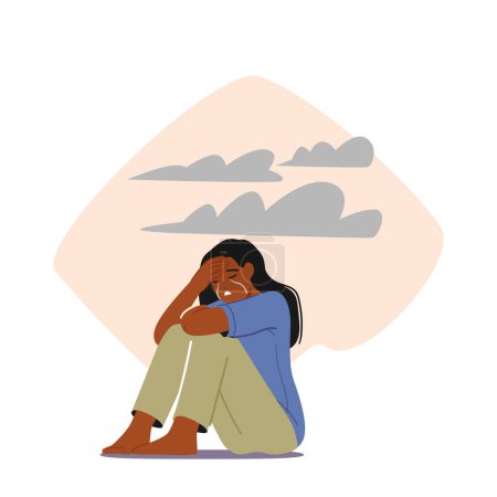 Depression, Abuse or Home Violence, Frustration Concept. Jeune personnage féminin déprimé bouleversé, femme désespérée assise sur le sol et pleurant avec un nuage noir au-dessus de la tête. Illustration vectorielle de bande dessinée