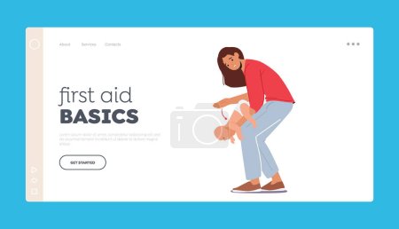 Illustration for First Aid Basics Landing Page Template. Heimlich Emergency Maneuver to Newborn Child Choking with Food. Mother Pushing Choke-bore Kid Chest From Behind on Knee. Cartoon People Vector Illustration - Royalty Free Image